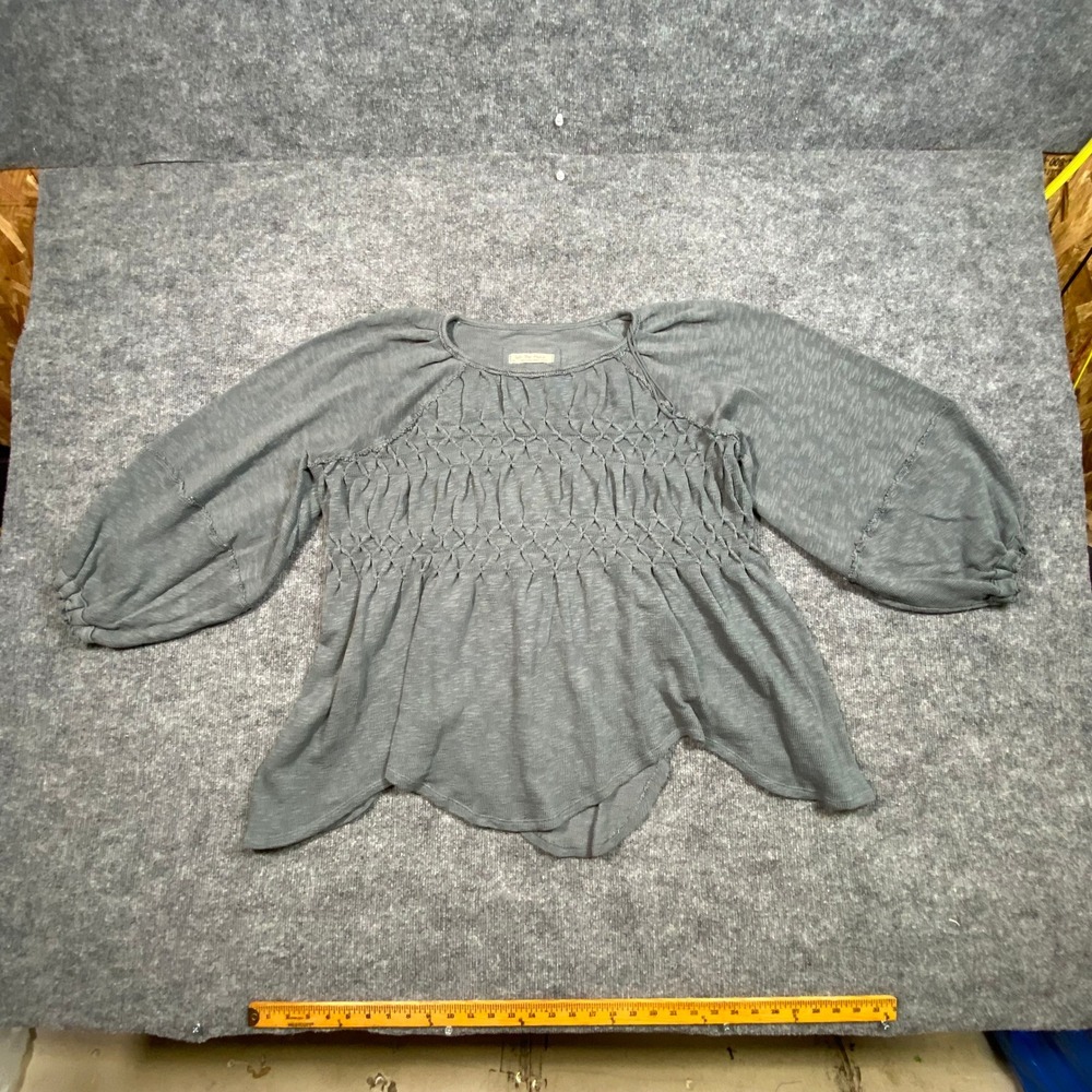 We The Free Free People Gray Blue Smocked Lattice Peplum Balloon Sleeve Top XS/S